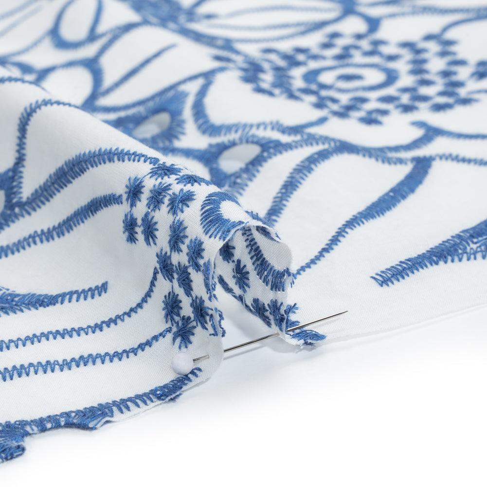 Embroidered Eyelet Cotton Voile with Scalloped Edges - Country Blue and White Florals - Designer Deadstock Embroidered Eyelet Cotton Voile with Scalloped Edges - Country Blue and White Florals - Designer Deadstock