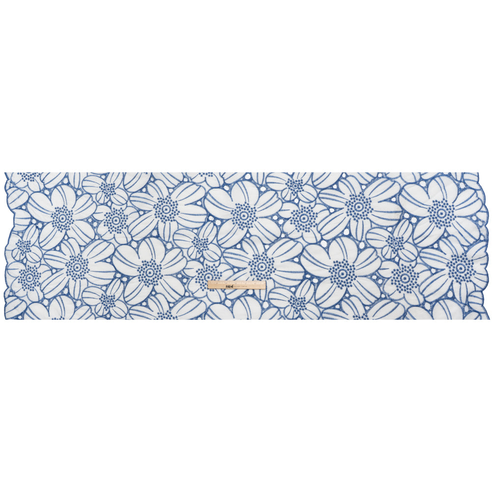 Embroidered Eyelet Cotton Voile with Scalloped Edges - Country Blue and White Florals - Designer Deadstock Embroidered Eyelet Cotton Voile with Scalloped Edges - Country Blue and White Florals - Designer Deadstock