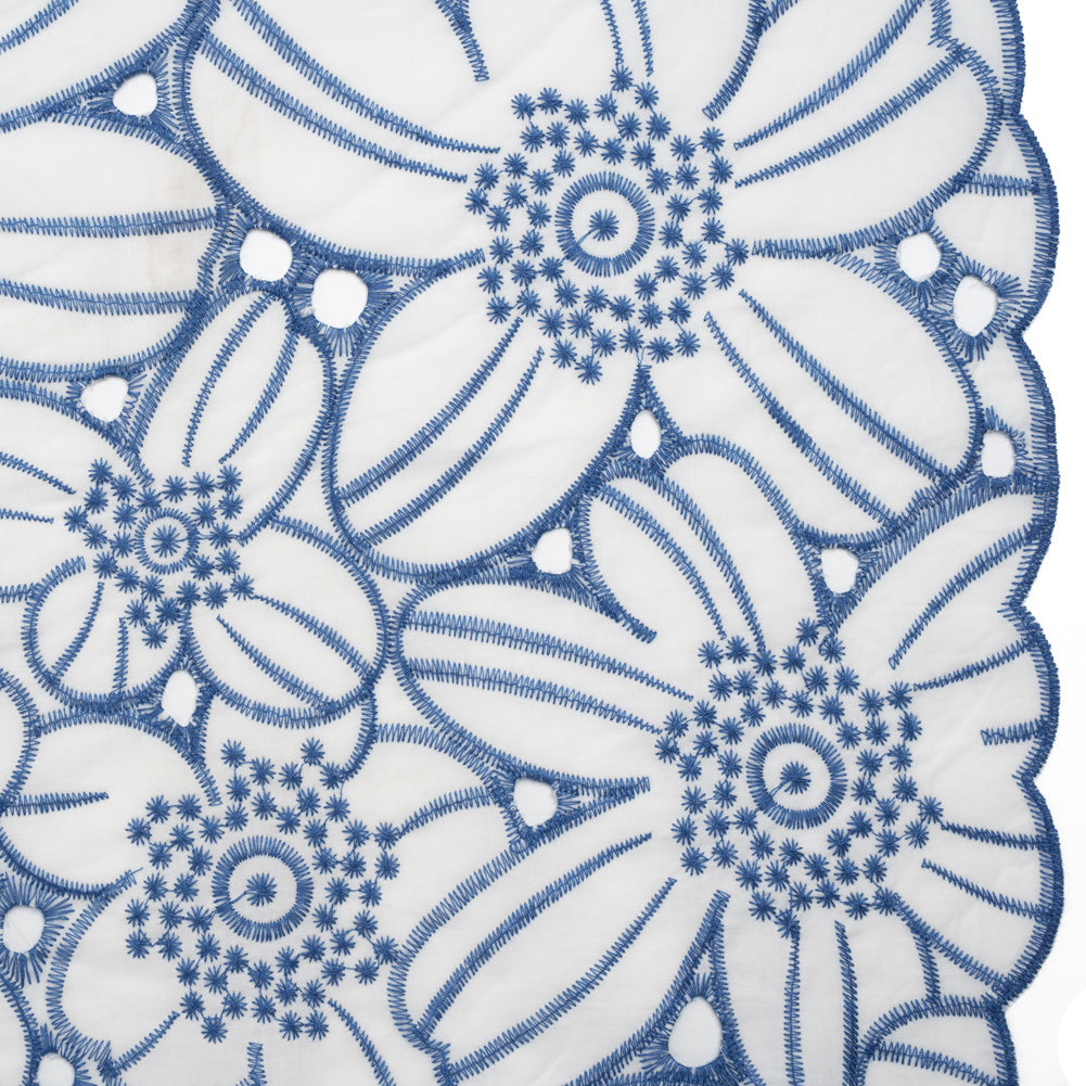 Embroidered Eyelet Cotton Voile with Scalloped Edges - Country Blue and White Florals - Designer Deadstock Embroidered Eyelet Cotton Voile with Scalloped Edges - Country Blue and White Florals - Designer Deadstock