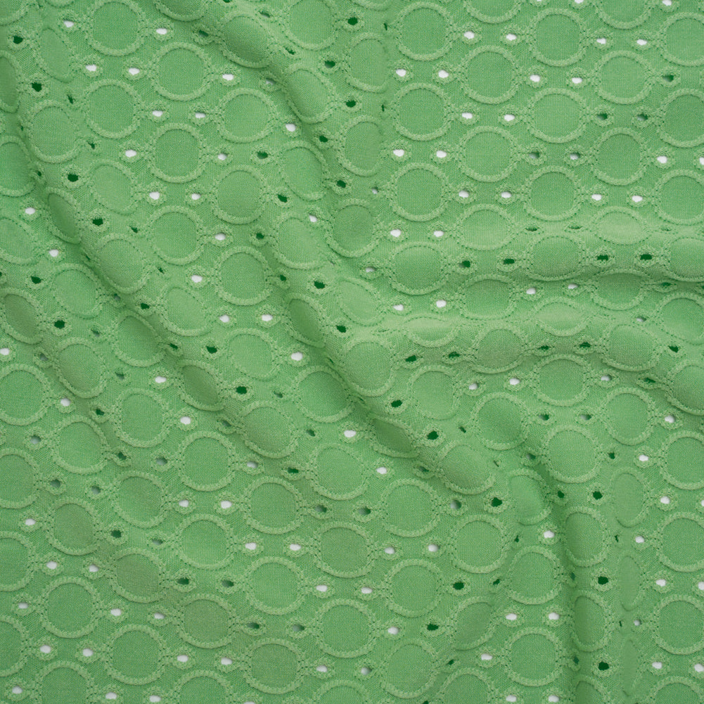 Stretch Polyester Eyelet Jersey - Absinthe Green Circles and Dots - Designer Deadstock Stretch Polyester Eyelet Jersey - Absinthe Green Circles and Dots - Designer Deadstock