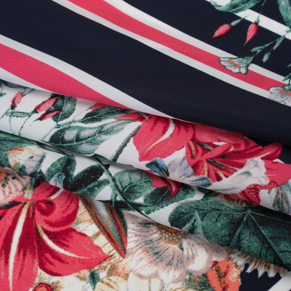 Polyester Crepe de Chine Panel - Pink, Navy Blue and White Floral Bandana - Designer Deadstock Polyester Crepe de Chine Panel - Pink, Navy Blue and White Floral Bandana - Designer Deadstock