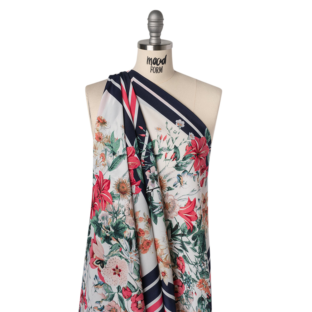 Polyester Crepe de Chine Panel - Pink, Navy Blue and White Floral Bandana - Designer Deadstock Polyester Crepe de Chine Panel - Pink, Navy Blue and White Floral Bandana - Designer Deadstock