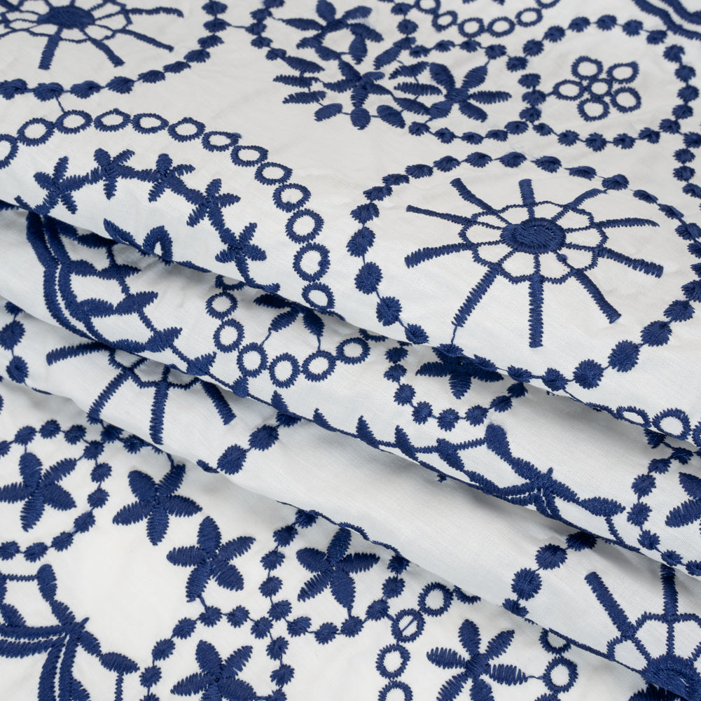 Embroidered Cotton and Polyester Shirting with Scalloped Edges - White and Navy Blue Floral Medallions - Designer Deadstock Embroidered Cotton and Polyester Shirting with Scalloped Edges - White and Navy Blue Floral Medallions - Designer Deadstock