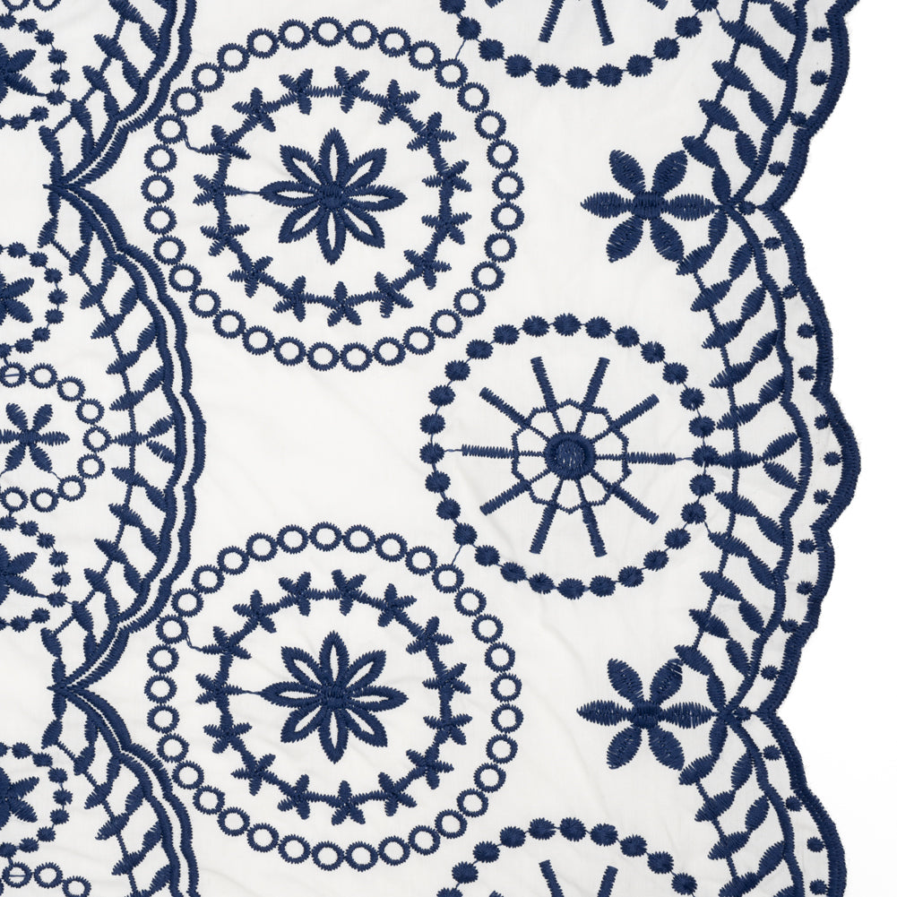 Embroidered Cotton and Polyester Shirting with Scalloped Edges - White and Navy Blue Floral Medallions - Designer Deadstock Embroidered Cotton and Polyester Shirting with Scalloped Edges - White and Navy Blue Floral Medallions - Designer Deadstock