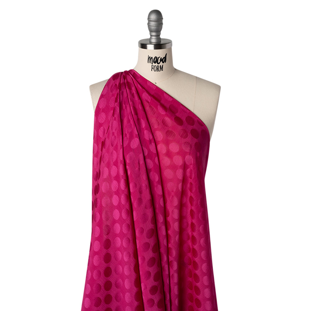 Crinkled Polyester Satin-Face Chiffon Jacquard - Fuchsia Polka Dots - Designer Deadstock Crinkled Polyester Satin-Face Chiffon Jacquard - Fuchsia Polka Dots - Designer Deadstock