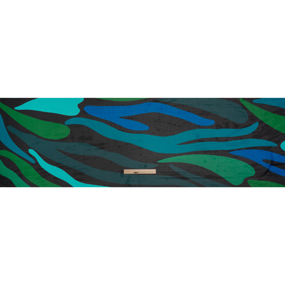 Polyester Chiffon Print - Green, Blue and Black Abstract - Designer Deadstock Polyester Chiffon Print - Green, Blue and Black Abstract - Designer Deadstock