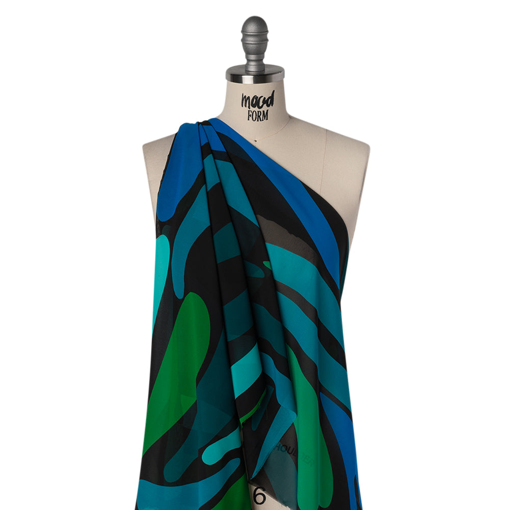 Polyester Chiffon Print - Green, Blue and Black Abstract - Designer Deadstock Polyester Chiffon Print - Green, Blue and Black Abstract - Designer Deadstock