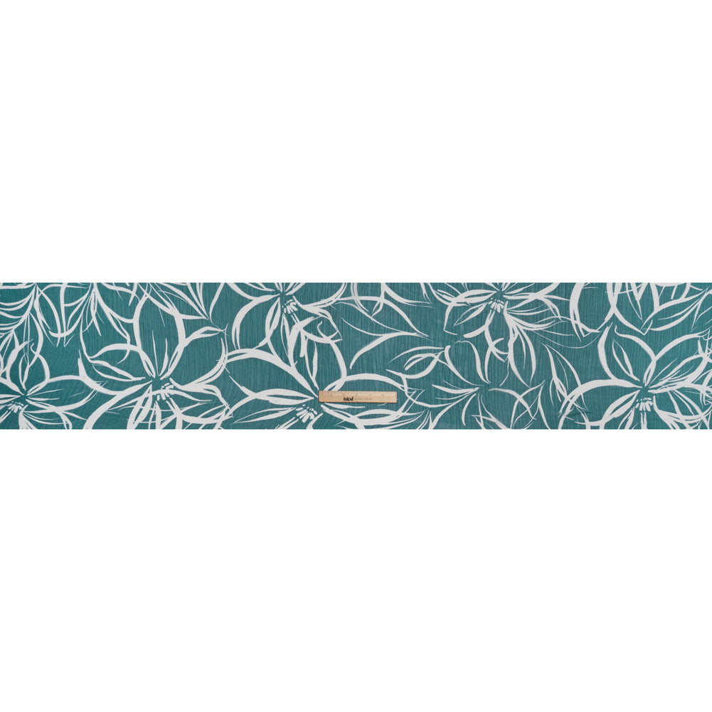 Crinkled Polyester Chiffon Print - Teal and White Floral Linework - Designer Deadstock Crinkled Polyester Chiffon Print - Teal and White Floral Linework - Designer Deadstock