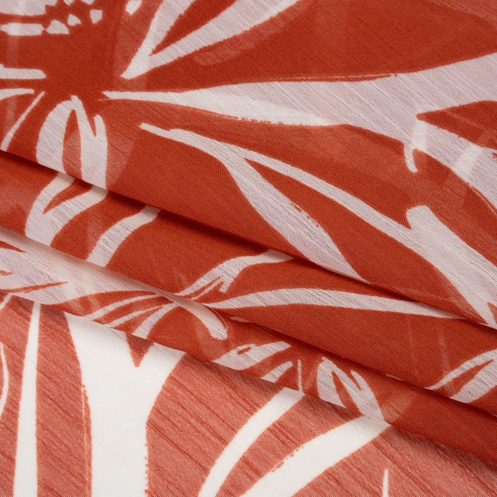 Crinkled Polyester Chiffon Print - Burnt Orange and White Floral Linework - Designer Deadstock Crinkled Polyester Chiffon Print - Burnt Orange and White Floral Linework - Designer Deadstock