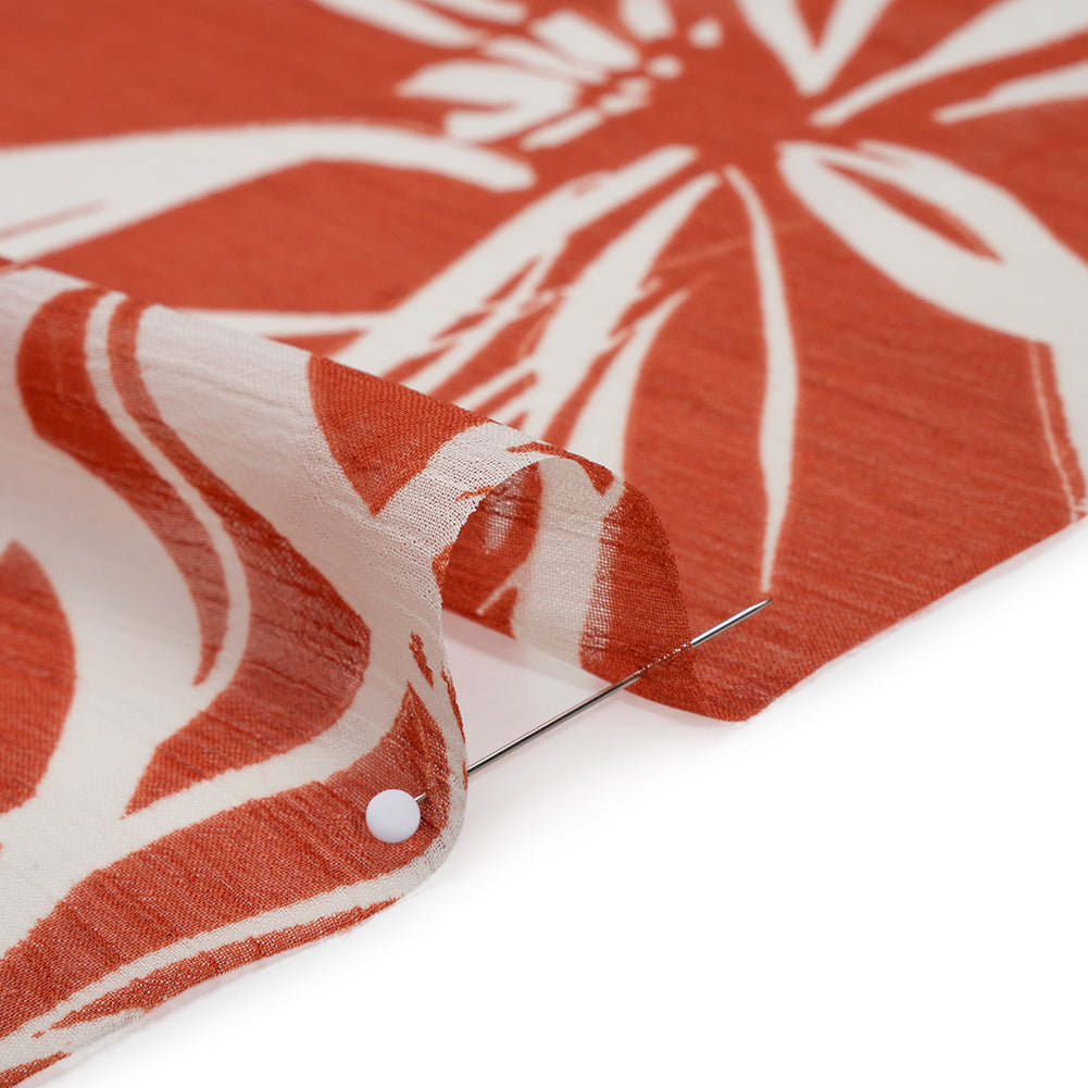 Crinkled Polyester Chiffon Print - Burnt Orange and White Floral Linework - Designer Deadstock Crinkled Polyester Chiffon Print - Burnt Orange and White Floral Linework - Designer Deadstock