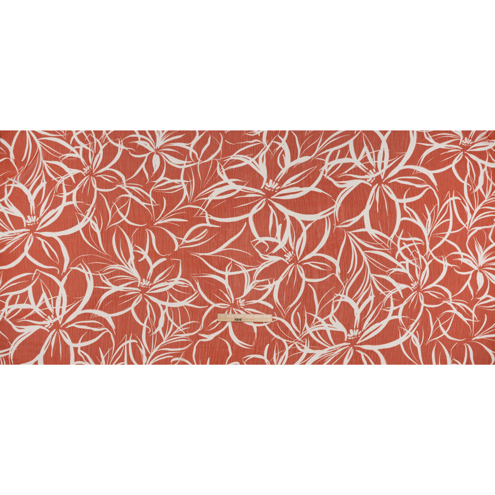 Crinkled Polyester Chiffon Print - Burnt Orange and White Floral Linework - Designer Deadstock Crinkled Polyester Chiffon Print - Burnt Orange and White Floral Linework - Designer Deadstock