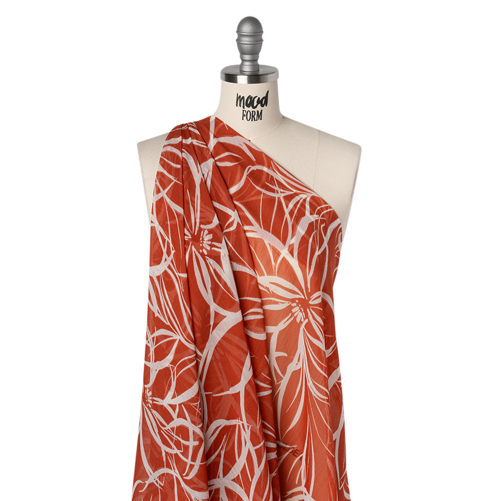 Crinkled Polyester Chiffon Print - Burnt Orange and White Floral Linework - Designer Deadstock Crinkled Polyester Chiffon Print - Burnt Orange and White Floral Linework - Designer Deadstock