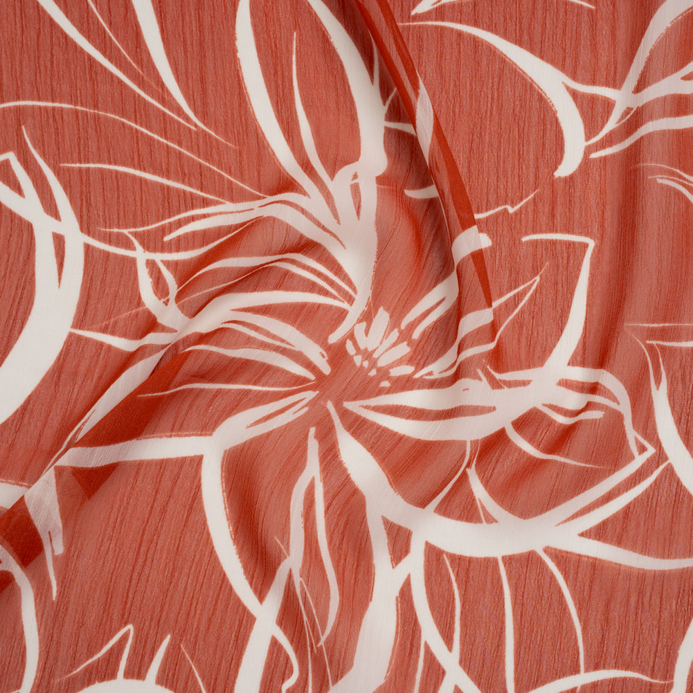 Crinkled Polyester Chiffon Print - Burnt Orange and White Floral Linework - Designer Deadstock Crinkled Polyester Chiffon Print - Burnt Orange and White Floral Linework - Designer Deadstock