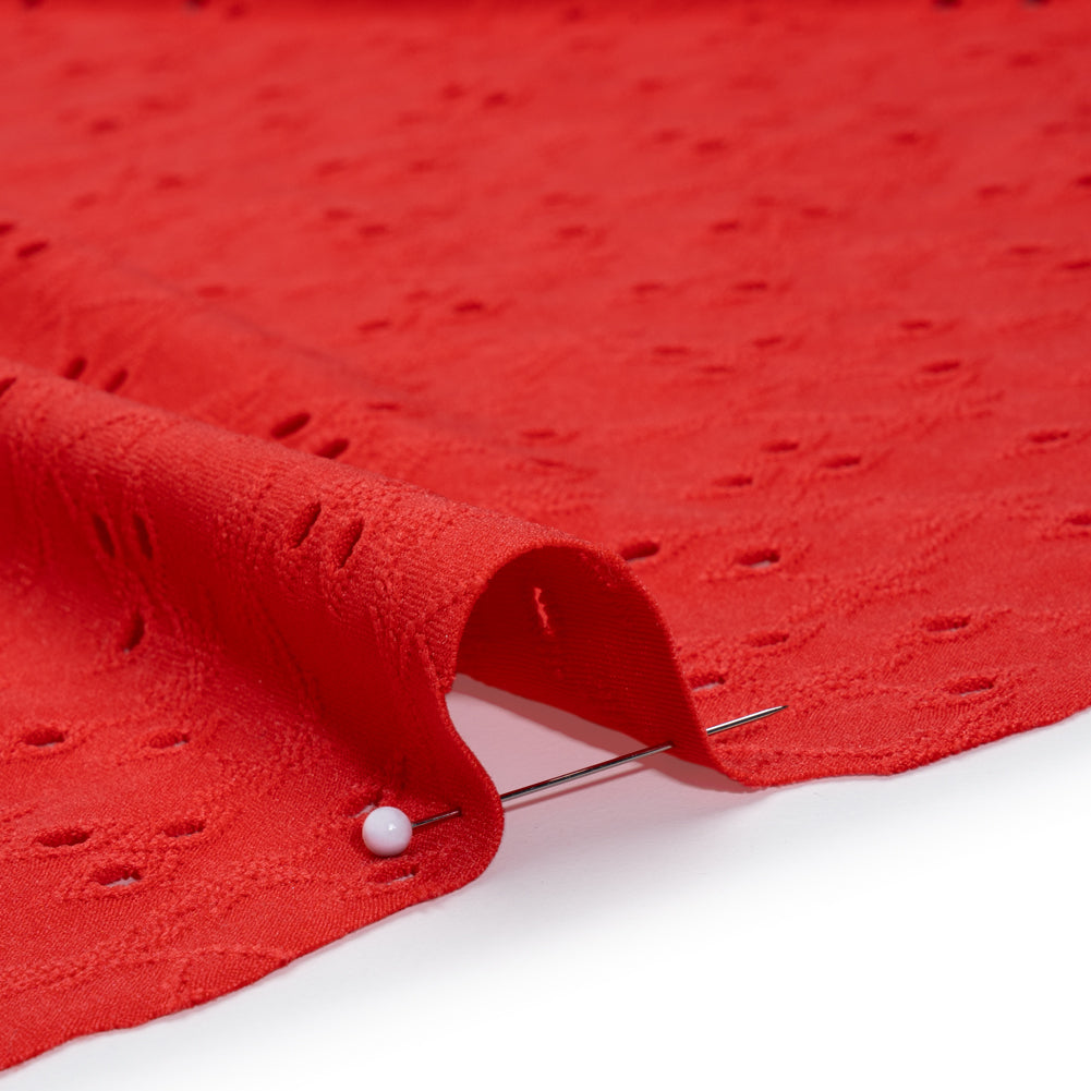 Stretch Polyester Eyelet Jersey - Coral Red Tiny Flower Vines - Designer Deadstock Stretch Polyester Eyelet Jersey - Coral Red Tiny Flower Vines - Designer Deadstock
