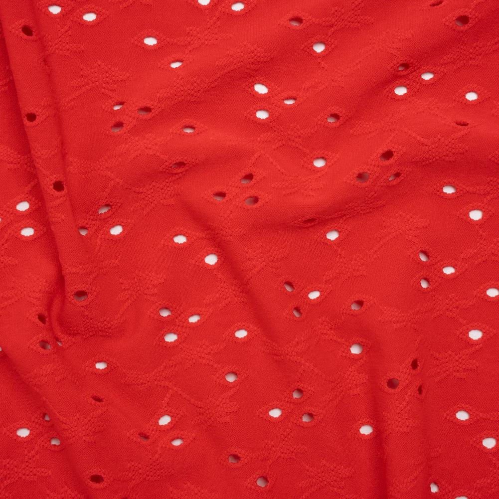 Stretch Polyester Eyelet Jersey - Coral Red Tiny Flower Vines - Designer Deadstock Stretch Polyester Eyelet Jersey - Coral Red Tiny Flower Vines - Designer Deadstock