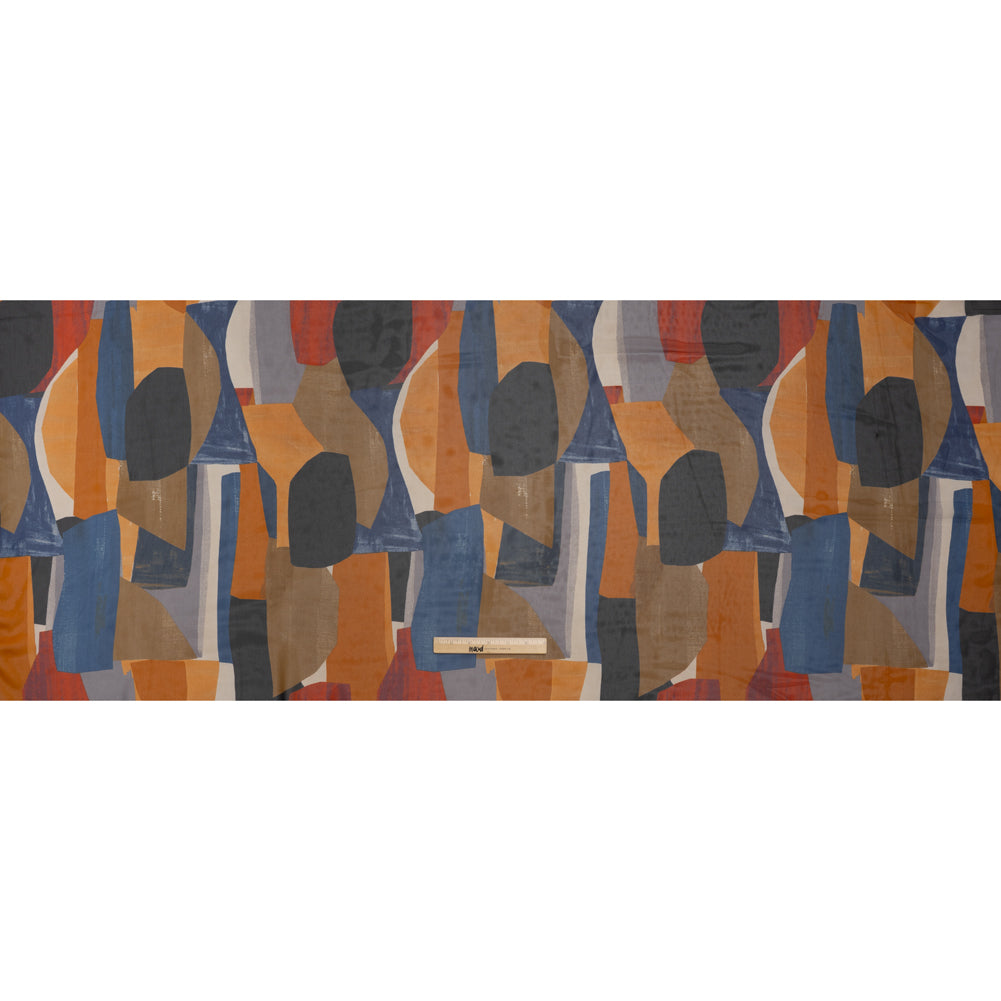 Polyester Chiffon Print - Dark Blue, Burnt Orange and Tan Abstract - Designer Deadstock Polyester Chiffon Print - Dark Blue, Burnt Orange and Tan Abstract - Designer Deadstock