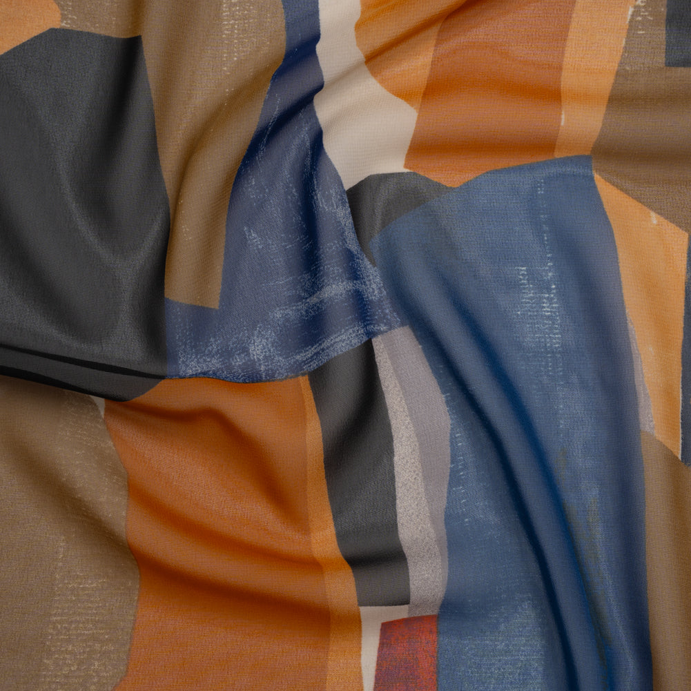 Polyester Chiffon Print - Dark Blue, Burnt Orange and Tan Abstract - Designer Deadstock Polyester Chiffon Print - Dark Blue, Burnt Orange and Tan Abstract - Designer Deadstock