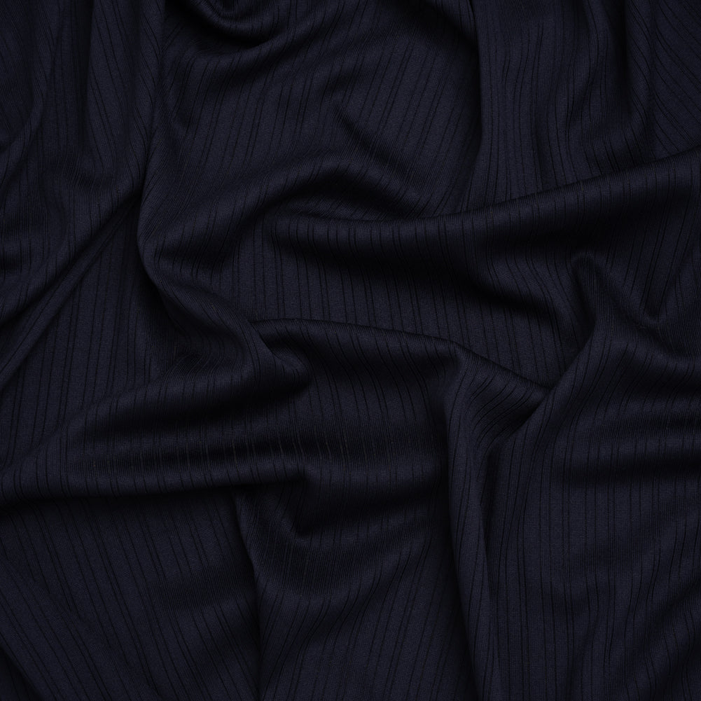 Stretch Polyester Barcode Rib Knit - Midnight Navy - Designer Deadstock Stretch Polyester Barcode Rib Knit - Midnight Navy - Designer Deadstock