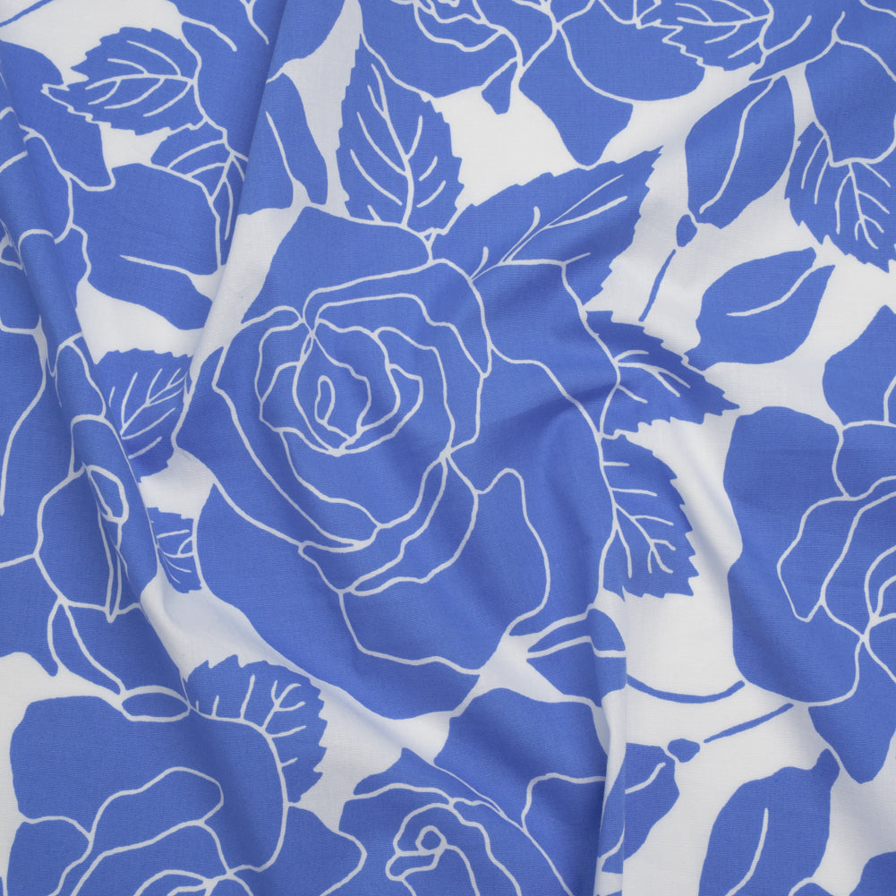 Stretch Cotton Shirting Print - French Blue and White Roses - Designer Deadstock Stretch Cotton Shirting Print - French Blue and White Roses - Designer Deadstock