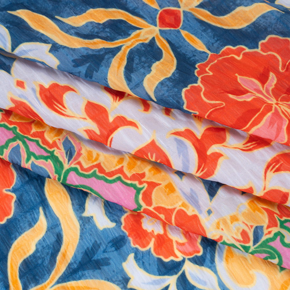 Polyester Wide Stripe Seersucker - Navy, Coral Red and Pink Modern Floral Damask - Designer Deadstock Polyester Wide Stripe Seersucker - Navy, Coral Red and Pink Modern Floral Damask - Designer Deadstock