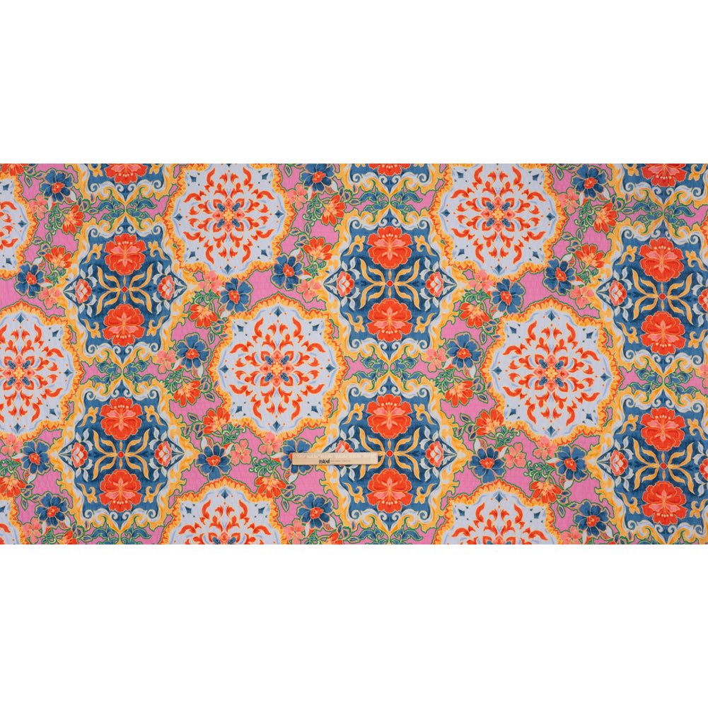 Polyester Wide Stripe Seersucker - Navy, Coral Red and Pink Modern Floral Damask - Designer Deadstock Polyester Wide Stripe Seersucker - Navy, Coral Red and Pink Modern Floral Damask - Designer Deadstock