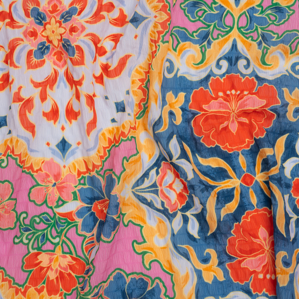 Polyester Wide Stripe Seersucker - Navy, Coral Red and Pink Modern Floral Damask - Designer Deadstock Polyester Wide Stripe Seersucker - Navy, Coral Red and Pink Modern Floral Damask - Designer Deadstock