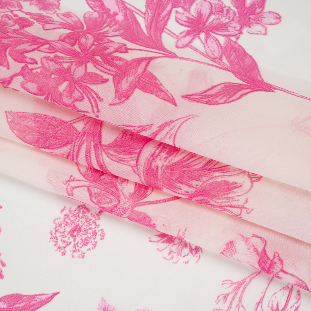Polyester Chiffon Print - Hot Pink and Ivory Pastoral Floral - Designer Deadstock Polyester Chiffon Print - Hot Pink and Ivory Pastoral Floral - Designer Deadstock