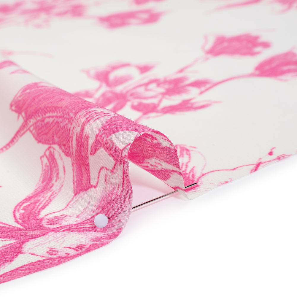 Polyester Chiffon Print - Hot Pink and Ivory Pastoral Floral - Designer Deadstock Polyester Chiffon Print - Hot Pink and Ivory Pastoral Floral - Designer Deadstock
