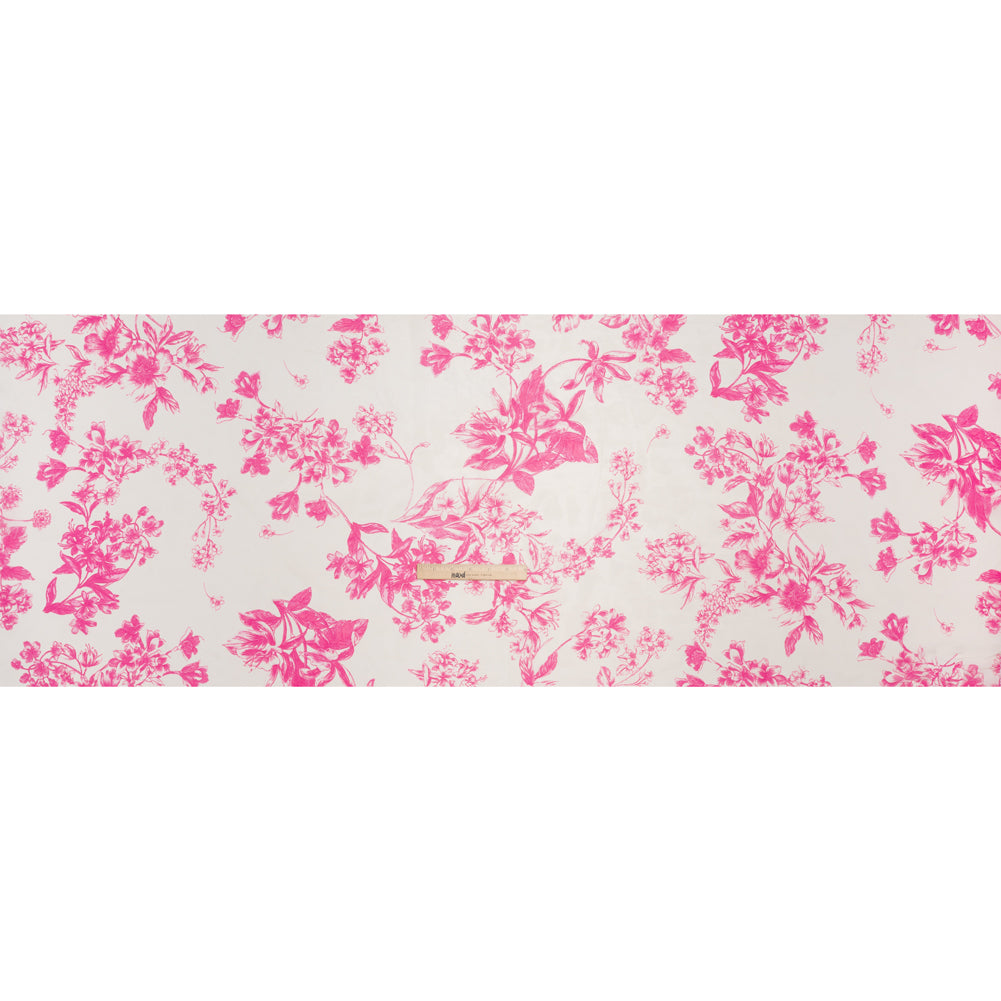 Polyester Chiffon Print - Hot Pink and Ivory Pastoral Floral - Designer Deadstock Polyester Chiffon Print - Hot Pink and Ivory Pastoral Floral - Designer Deadstock