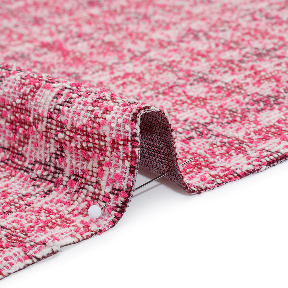 Polyester and Cotton Boucle Sweater Knit - Pink and White Mottled Plaid - Designer Deadstock Polyester and Cotton Boucle Sweater Knit - Pink and White Mottled Plaid - Designer Deadstock