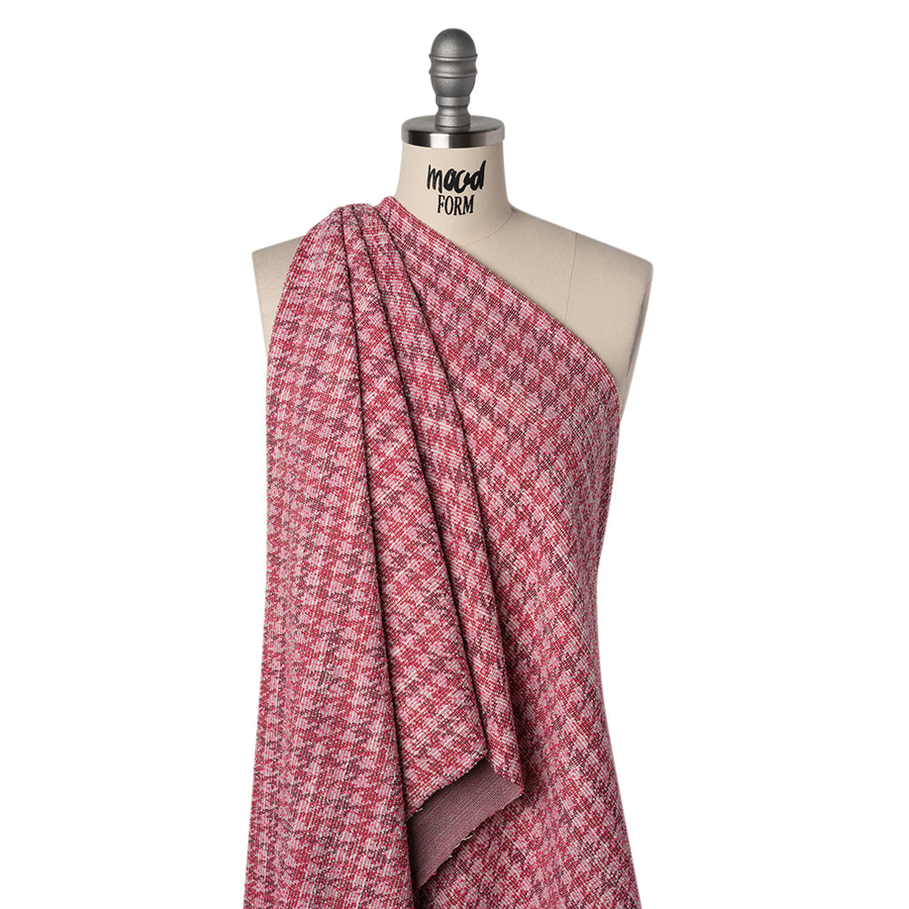Polyester and Cotton Boucle Sweater Knit - Pink and White Mottled Plaid - Designer Deadstock Polyester and Cotton Boucle Sweater Knit - Pink and White Mottled Plaid - Designer Deadstock