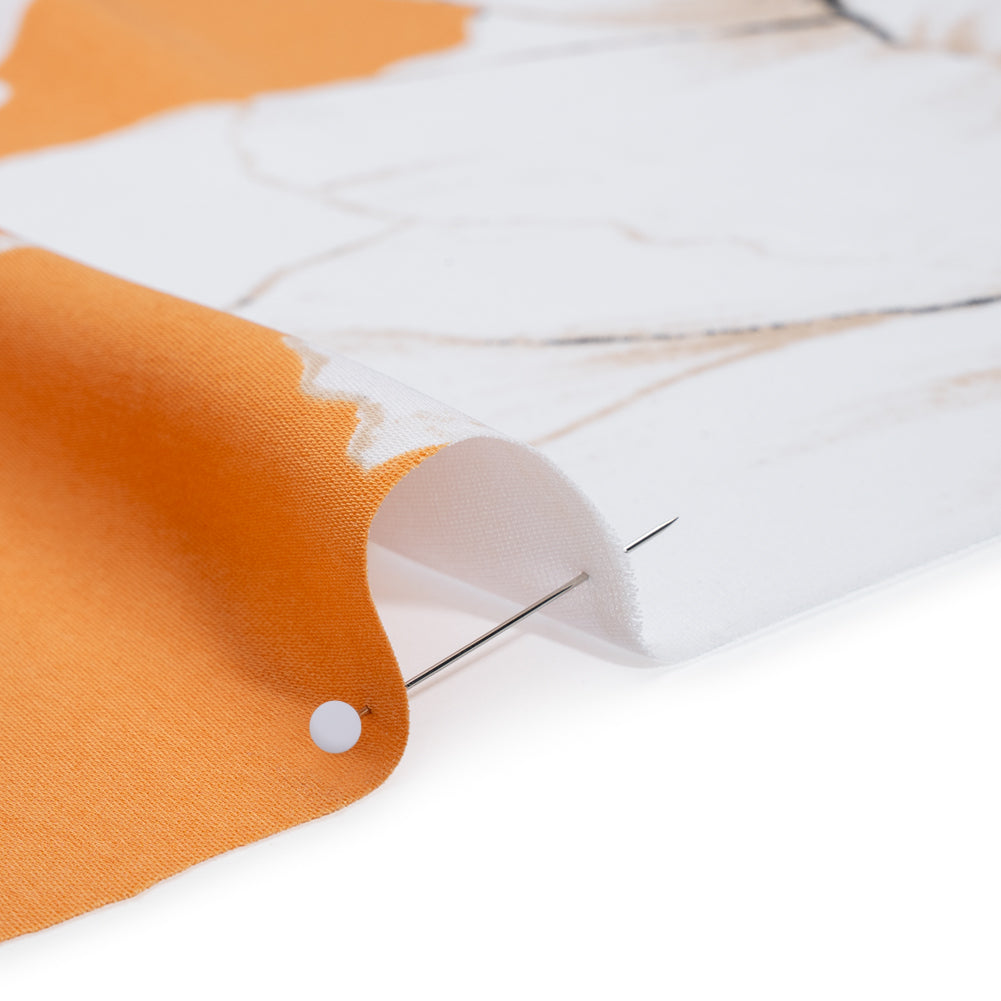 Drapey Stretch Polyester Woven Print - Creamsicle and White Floral - Designer Deadstock Drapey Stretch Polyester Woven Print - Creamsicle and White Floral - Designer Deadstock