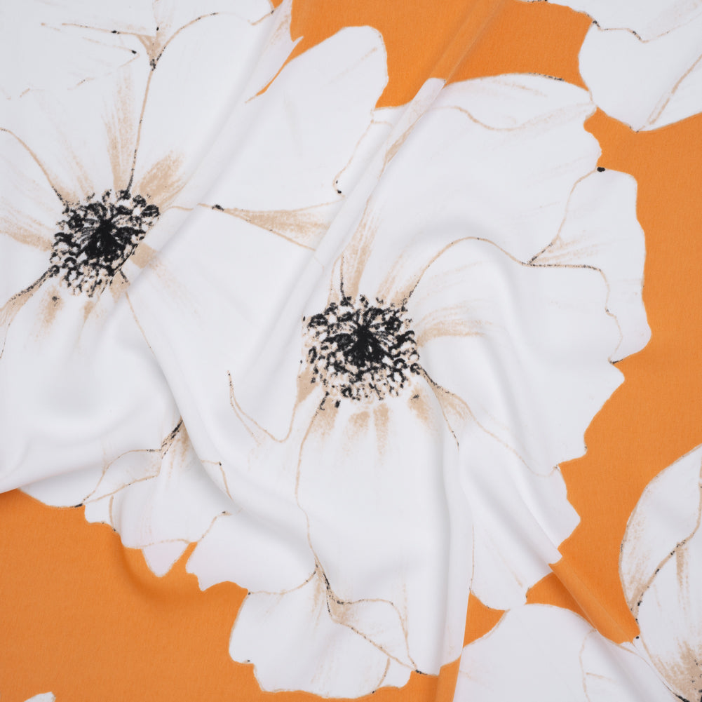 Drapey Stretch Polyester Woven Print - Creamsicle and White Floral - Designer Deadstock Drapey Stretch Polyester Woven Print - Creamsicle and White Floral - Designer Deadstock
