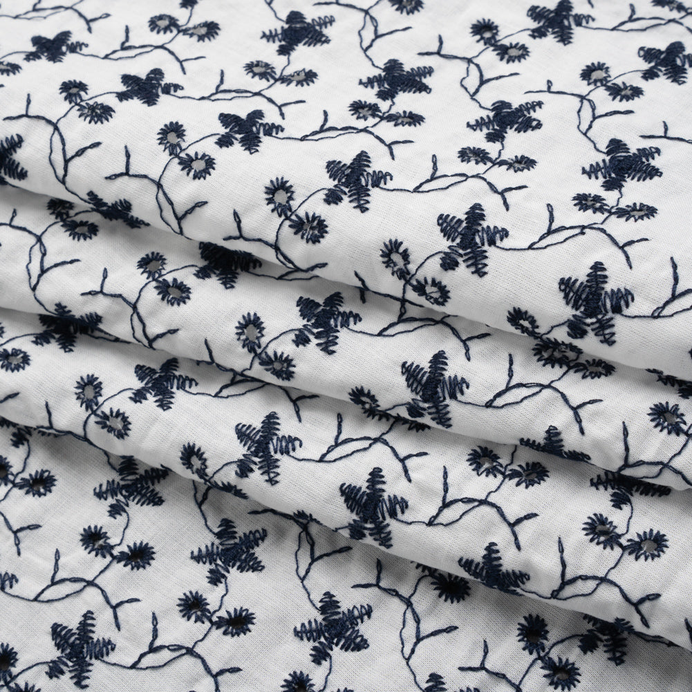 Embroidered Eyelet Cotton Voile - Navy Blue and White Little Flowers - Designer Deadstock Embroidered Eyelet Cotton Voile - Navy Blue and White Little Flowers - Designer Deadstock