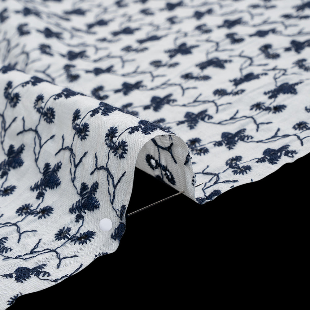 Embroidered Eyelet Cotton Voile - Navy Blue and White Little Flowers - Designer Deadstock Embroidered Eyelet Cotton Voile - Navy Blue and White Little Flowers - Designer Deadstock