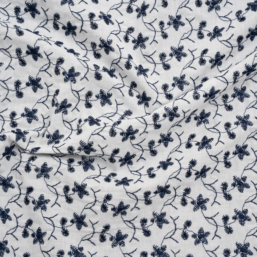 Embroidered Eyelet Cotton Voile - Navy Blue and White Little Flowers - Designer Deadstock Embroidered Eyelet Cotton Voile - Navy Blue and White Little Flowers - Designer Deadstock