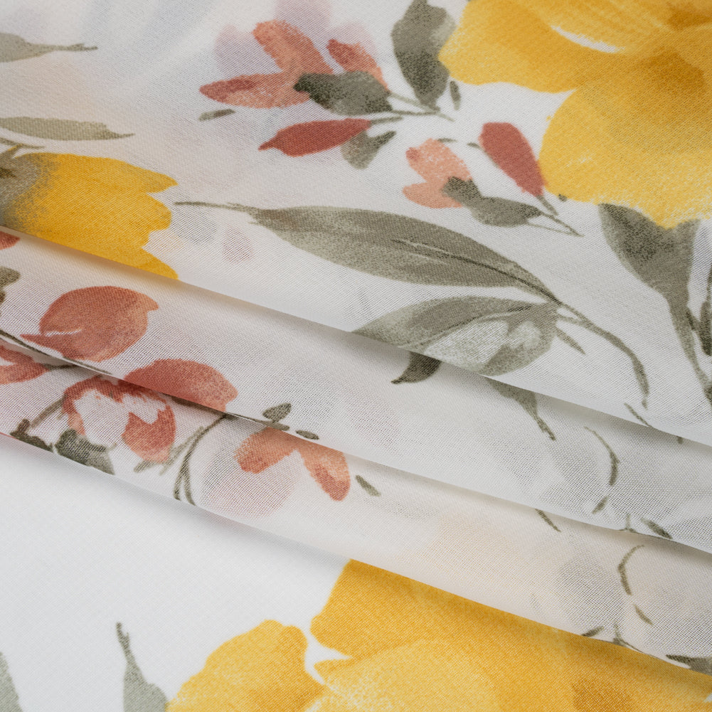 Polyester Chiffon Print - Yellow, Brick Red and White Floral - Designer Deadstock Polyester Chiffon Print - Yellow, Brick Red and White Floral - Designer Deadstock