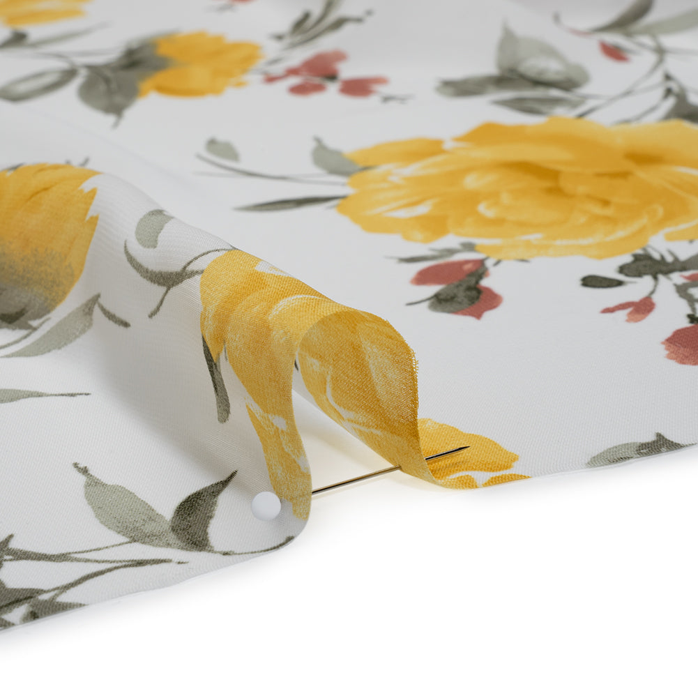 Polyester Chiffon Print - Yellow, Brick Red and White Floral - Designer Deadstock Polyester Chiffon Print - Yellow, Brick Red and White Floral - Designer Deadstock