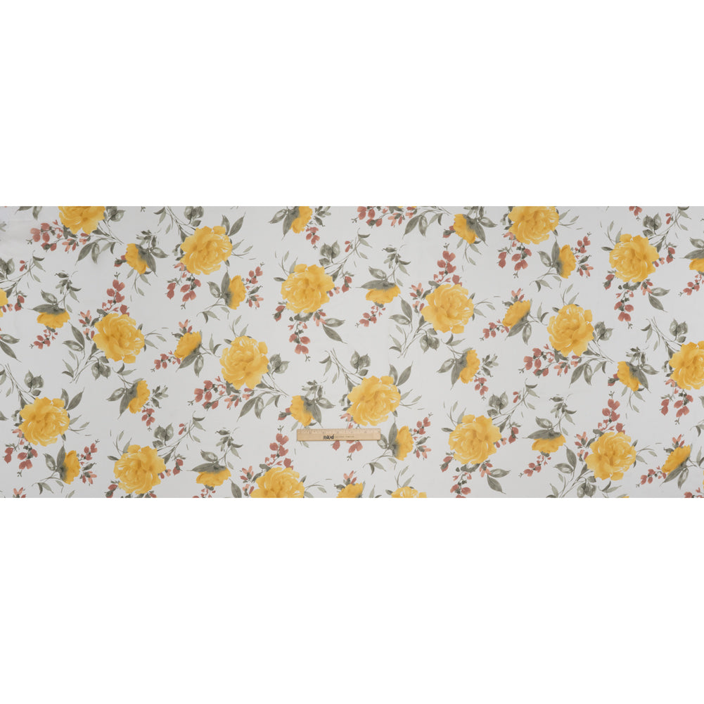 Polyester Chiffon Print - Yellow, Brick Red and White Floral - Designer Deadstock Polyester Chiffon Print - Yellow, Brick Red and White Floral - Designer Deadstock