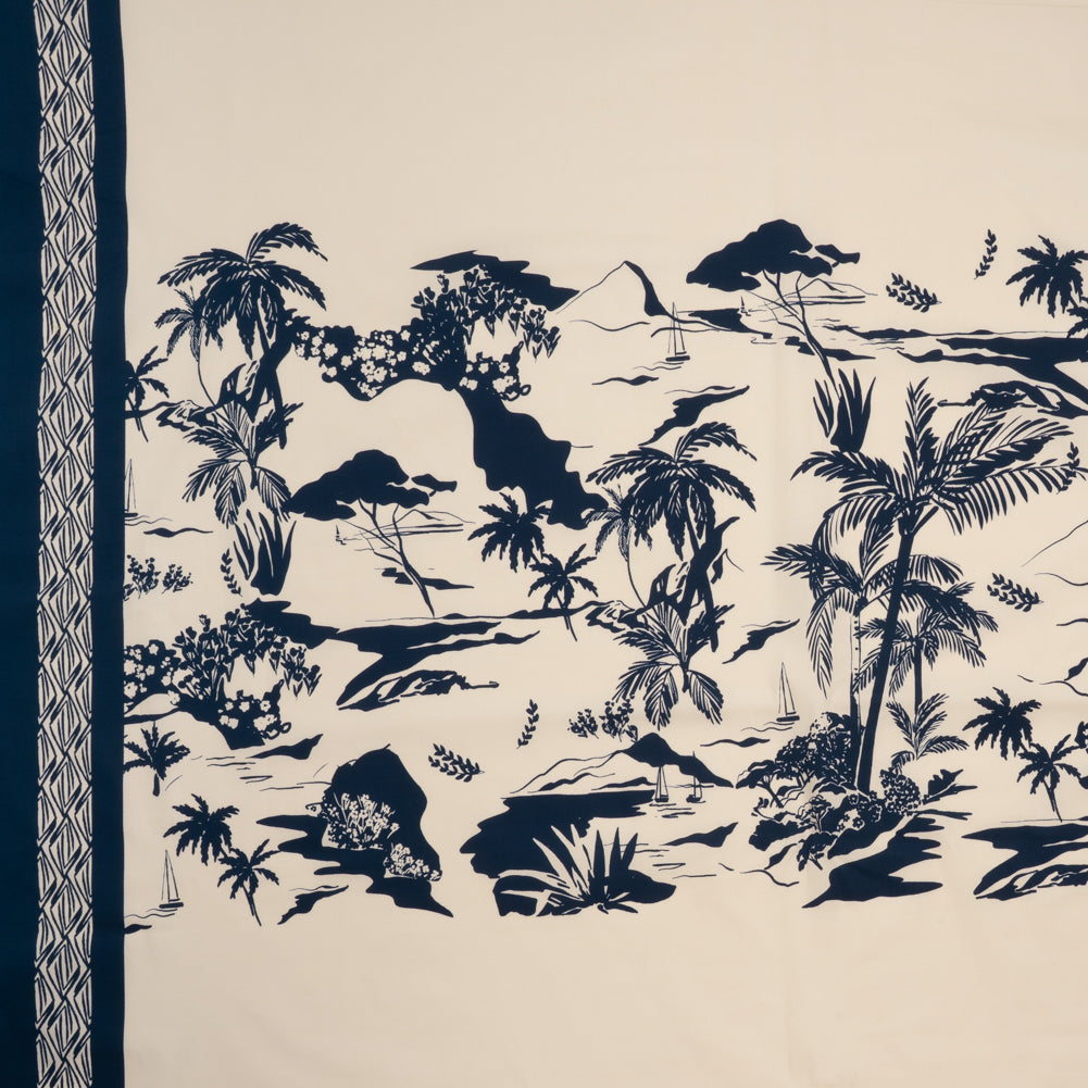 Stretch Cotton Poplin Panel - Cream and Navy Tropical Scenery - Designer Deadstock Stretch Cotton Poplin Panel - Cream and Navy Tropical Scenery - Designer Deadstock