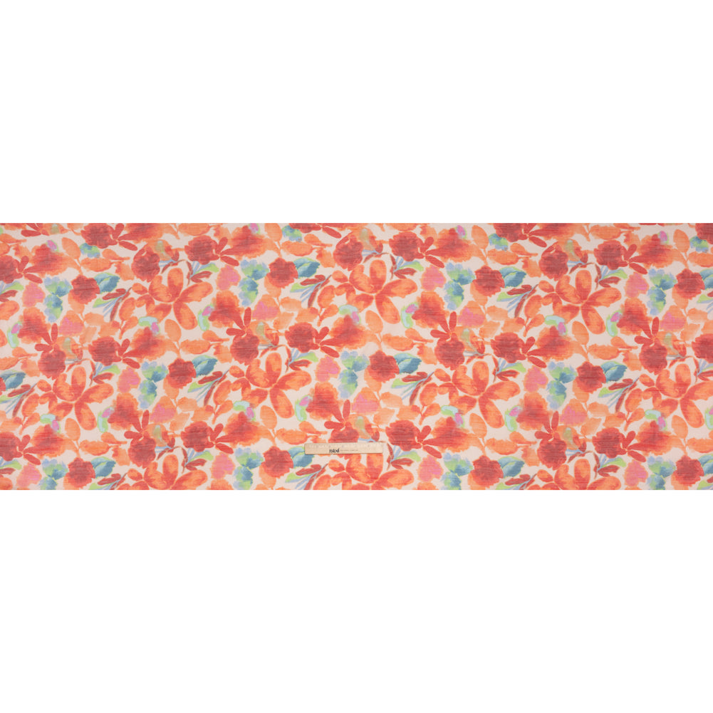 Textured Gauzy Rayon and Polyester Woven Print - Orange, Coral and Blue Painterly Florals - Designer Deadstock Textured Gauzy Rayon and Polyester Woven Print - Orange, Coral and Blue Painterly Florals - Designer Deadstock