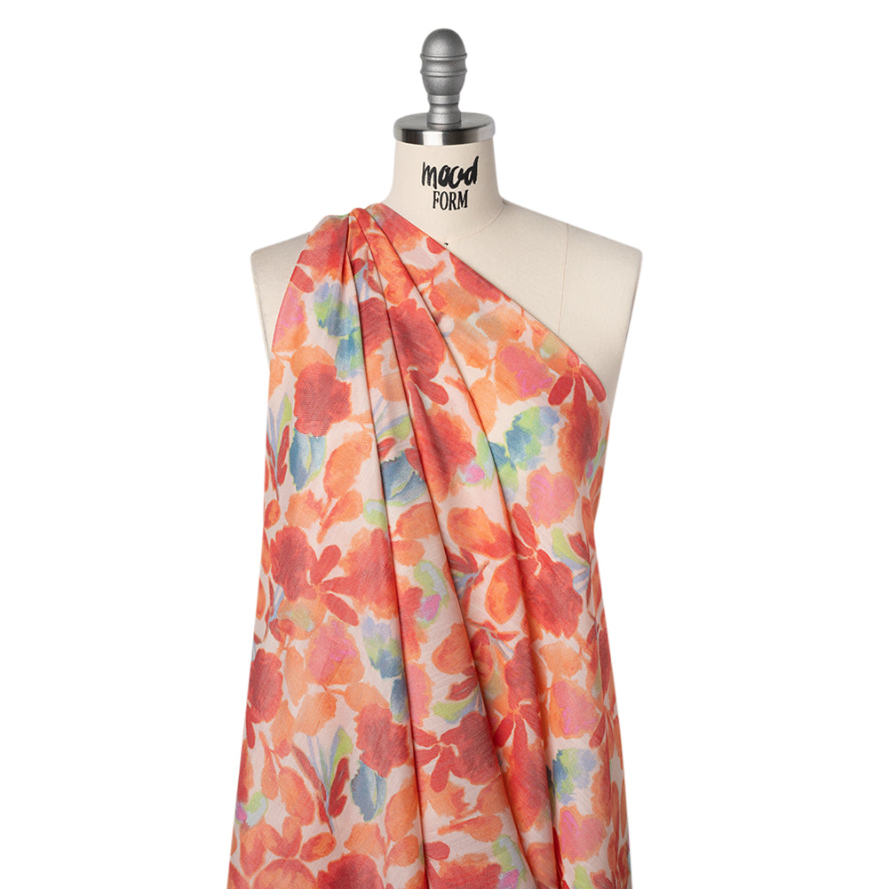 Textured Gauzy Rayon and Polyester Woven Print - Orange, Coral and Blue Painterly Florals - Designer Deadstock Textured Gauzy Rayon and Polyester Woven Print - Orange, Coral and Blue Painterly Florals - Designer Deadstock