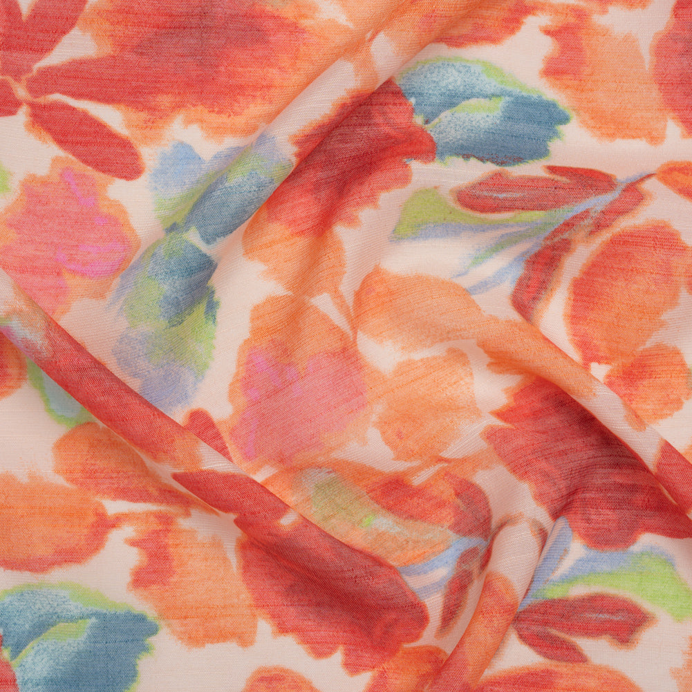 Textured Gauzy Rayon and Polyester Woven Print - Orange, Coral and Blue Painterly Florals - Designer Deadstock Textured Gauzy Rayon and Polyester Woven Print - Orange, Coral and Blue Painterly Florals - Designer Deadstock