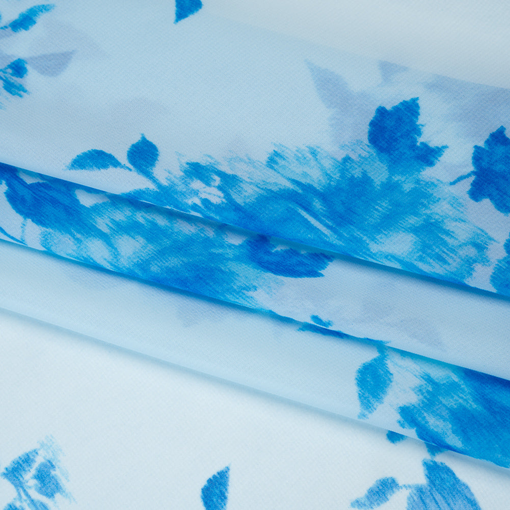 Polyester Chiffon Print - Sky and Horizon Blue Ikat Floral Bunches - Designer Deadstock Polyester Chiffon Print - Sky and Horizon Blue Ikat Floral Bunches - Designer Deadstock