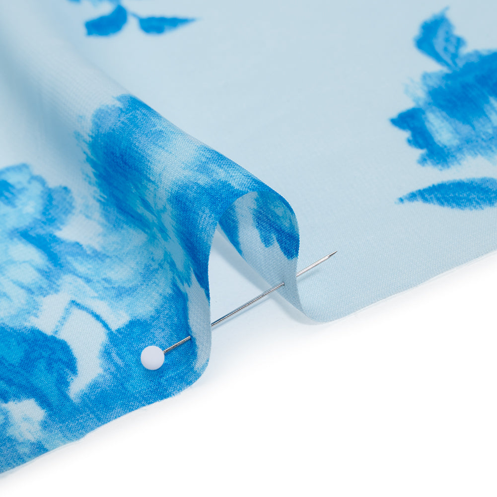 Polyester Chiffon Print - Sky and Horizon Blue Ikat Floral Bunches - Designer Deadstock Polyester Chiffon Print - Sky and Horizon Blue Ikat Floral Bunches - Designer Deadstock