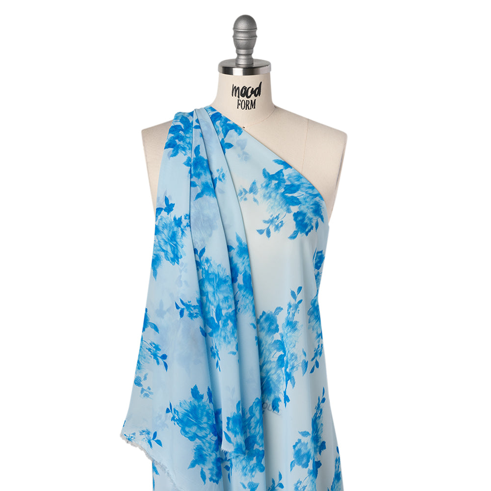 Polyester Chiffon Print - Sky and Horizon Blue Ikat Floral Bunches - Designer Deadstock Polyester Chiffon Print - Sky and Horizon Blue Ikat Floral Bunches - Designer Deadstock