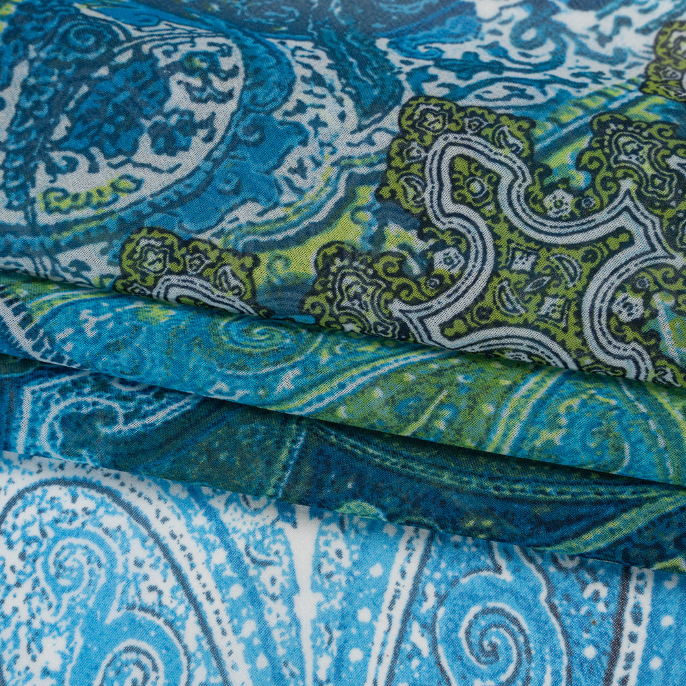 Polyester Chiffon Print - Blue and Green Paisley Patchwork - Designer Deadstock Polyester Chiffon Print - Blue and Green Paisley Patchwork - Designer Deadstock