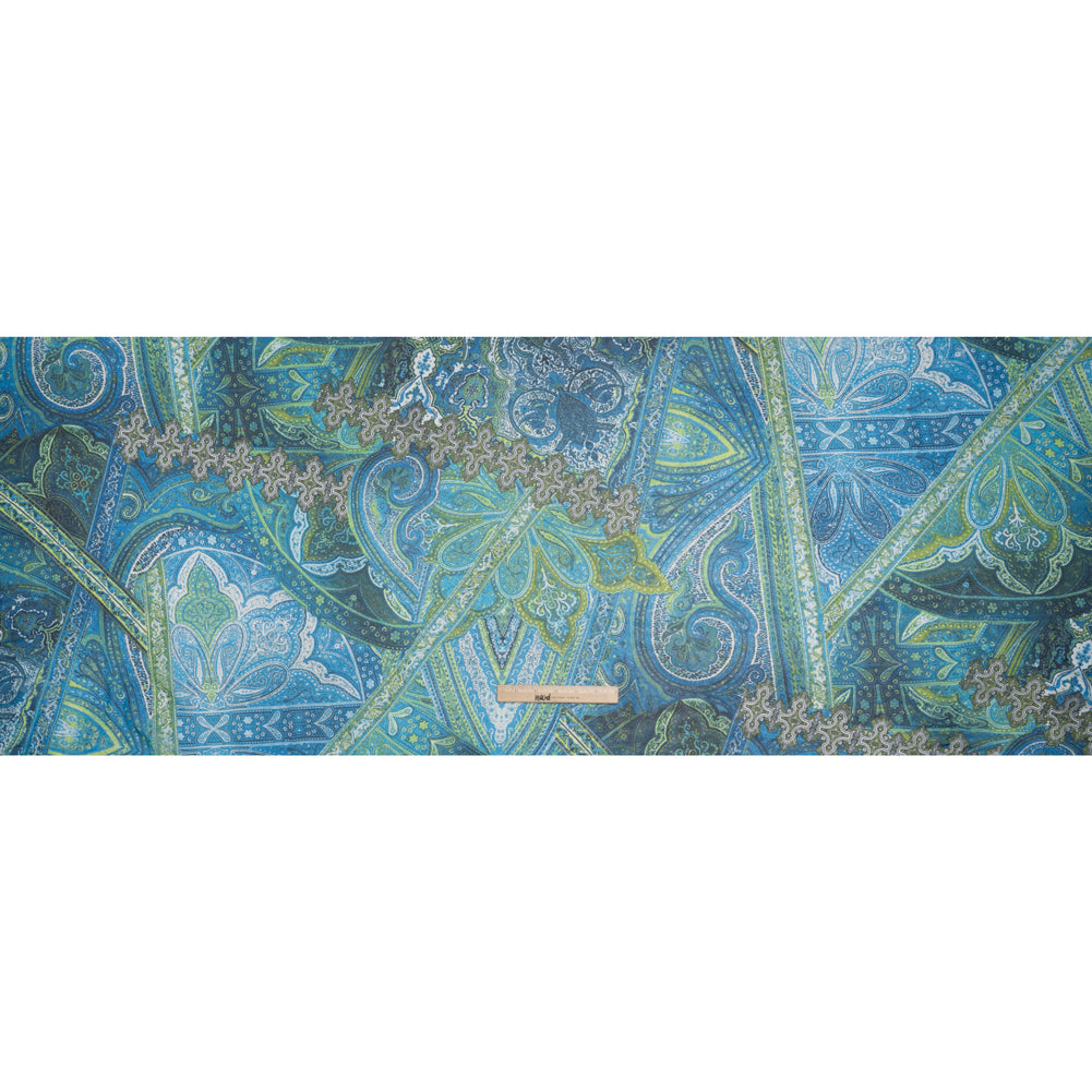 Polyester Chiffon Print - Blue and Green Paisley Patchwork - Designer Deadstock Polyester Chiffon Print - Blue and Green Paisley Patchwork - Designer Deadstock