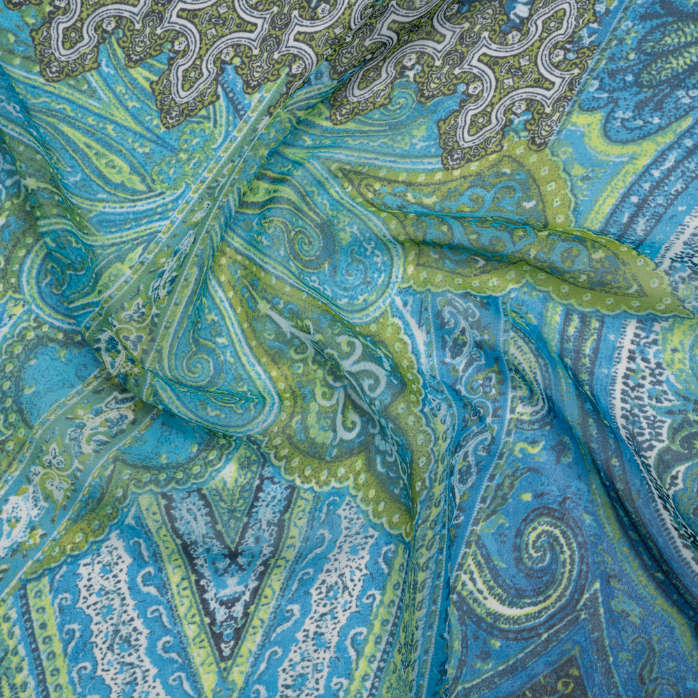 Polyester Chiffon Print - Blue and Green Paisley Patchwork - Designer Deadstock Polyester Chiffon Print - Blue and Green Paisley Patchwork - Designer Deadstock
