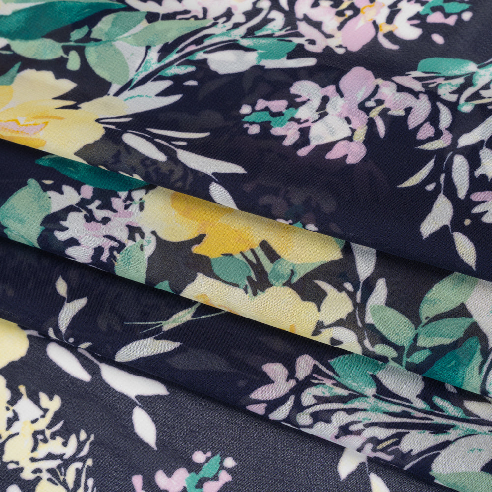 Polyester Chiffon Print - Navy Blue, Yellow and Green Rose Bouquets - Designer Deadstock Polyester Chiffon Print - Navy Blue, Yellow and Green Rose Bouquets - Designer Deadstock